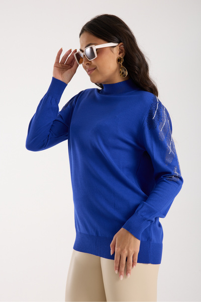 Clothes Fast Women's Saks Blue Elite Viscose Fabric Stone Detailed Shoulders Half Turtleneck Knitwear Blouse