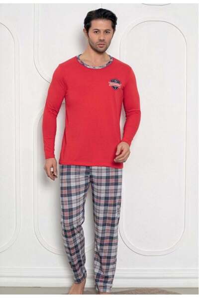 embody Men's cotton long pyjamas, red grey 836