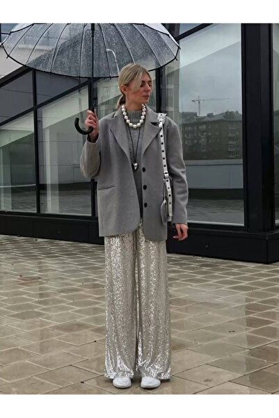 Paradise Collection Moda Evi Payetli Silver Beli Lastikli Pantolon: Geceye Işıltı Katın!
