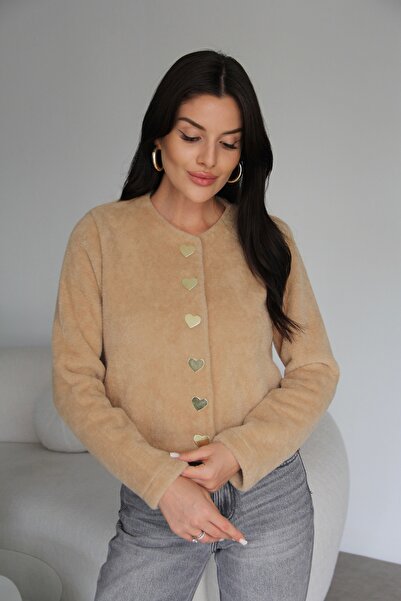 Julidress Snap Fastener Metal Gold Heart Buttoned Premium Cardigan with Beard