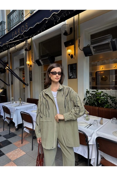 MİA NOURA KADIN ÖNÜ KOLLARI BONCUK NAKIŞ İŞLEMELİ TANSEL KUMAŞ BAMBIR CEKEN PANTOLON TAKIM