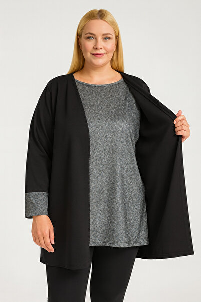 HÜLYA BUTİK Women's Plus Size Black Jacket with Inner Blouse Stitching Glitter Blouse