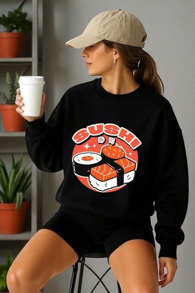 ArtYus سويت شيرت برقبة دائرية وأكمام طويلة للجنسين مطبوع عليه سوشي