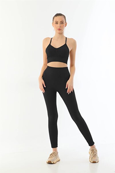 Emay Black 3921 Soft Seamless Ripped Leggings Yoga Suit