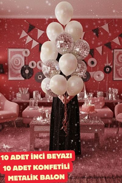 Baloncu Nene İnci Beyazı Balon ve Gümüş Konfetili 20 Adet Balon İnci Beyazı B...