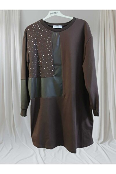 Puane Women's Tunic with Leather Trim on the Sleeves and Front and Stone Detailing