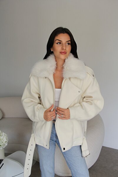 Julidress Огромно кашмирено яке в стил мотоциклетист с кожана яка и колан