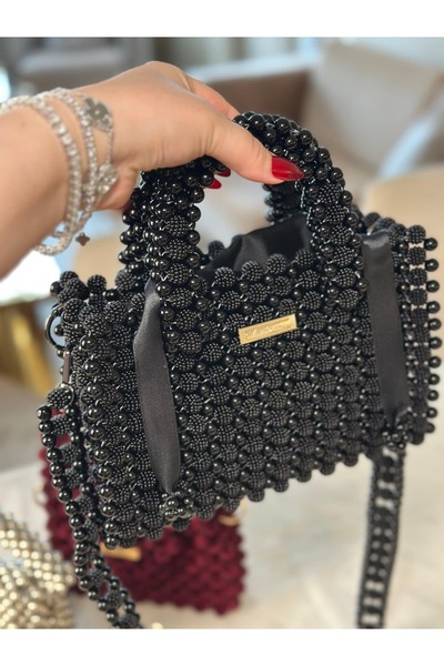 MİRİ SHOOP El Yapımı Boncuklu Zarif Kadın Çantası – siyah & Altın Detaylı