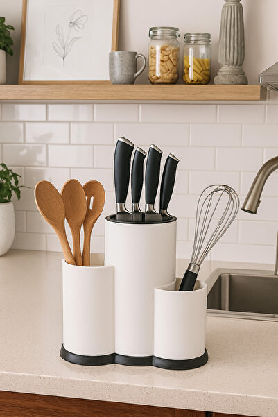 İ&A HOME Countertop Divided Spoon and Knife Stand - Black, White Spoon Holder...