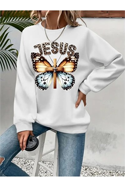 SVART WEAR Sweatshirt oversize cu gât crew, imprimat, cu trei fire, cu textur...