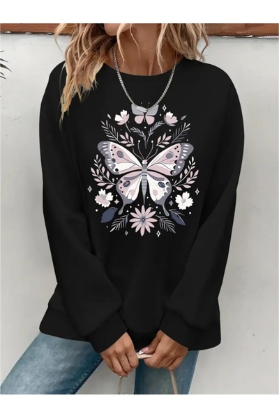 SVART WEAR Sweatshirt oversize cu gât crew, imprimat, cu trei fire, cu textur...