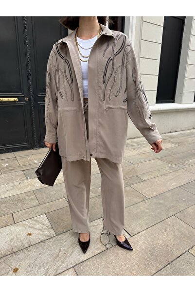 MİA NOURA Γυναικείο μπλουζάκι με χάντρες στο μπροστινό μέρος, κεντημένο με χάντρες, ύφασμα TANSEL, μπαμπίρ κέτσεν