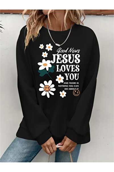 SVART WEAR Sweatshirt oversize cu gât crew, imprimat, cu trei fire, cu textur...