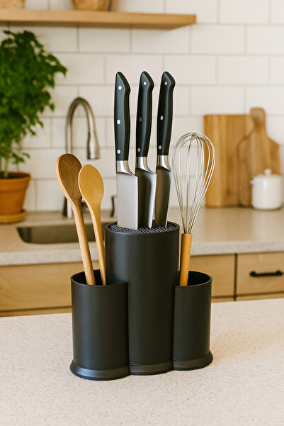 İ&A HOME Countertop Divided Spoon and Knife Stand - Black, White Spoon Holder...