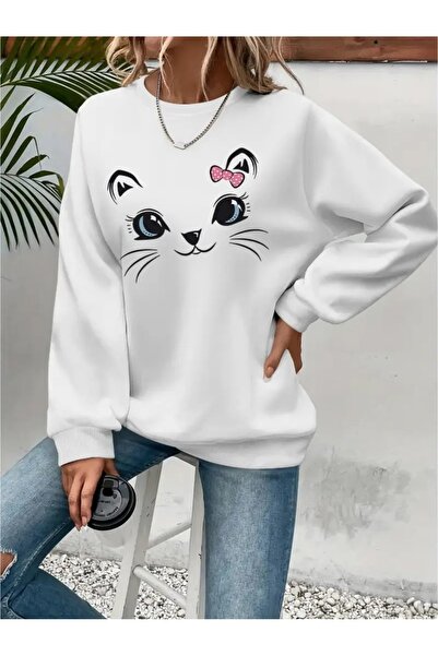 SVART WEAR Sweatshirt oversize cu gât crew, imprimat, cu trei fire, cu textur...