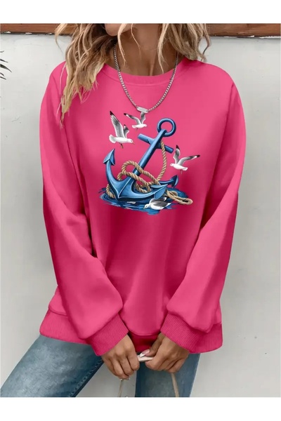 SVART WEAR Sweatshirt oversize cu gât crew, imprimat, cu trei fire, cu textur...