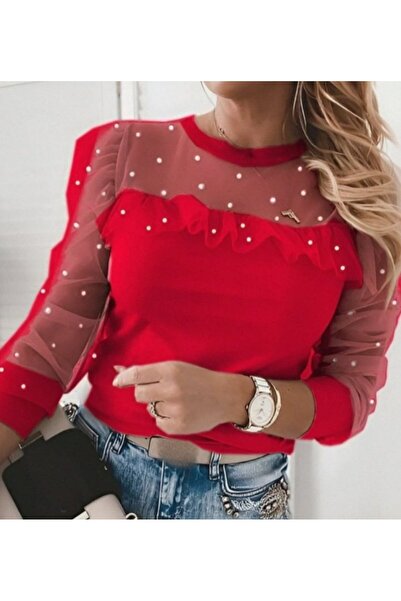 JANES Woman's long sleeve pearl detailed tulle viscose blouse