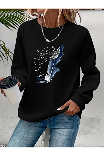 SVART WEAR Sweatshirt oversize cu gât crew, imprimat, cu trei fire, cu textur...