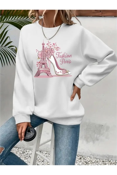 YUNAYT سترة رياضية مطبوعة بياقة دائرية وحجم كبير مصنوعة من ثلاث خيوط مع تطريز...