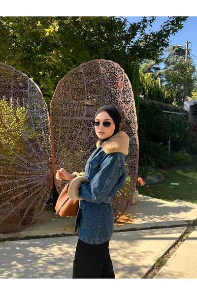 Miraydın Butik Kadın Yaka Kürk Detay Kot Ceket Koyu Mavi - M81185