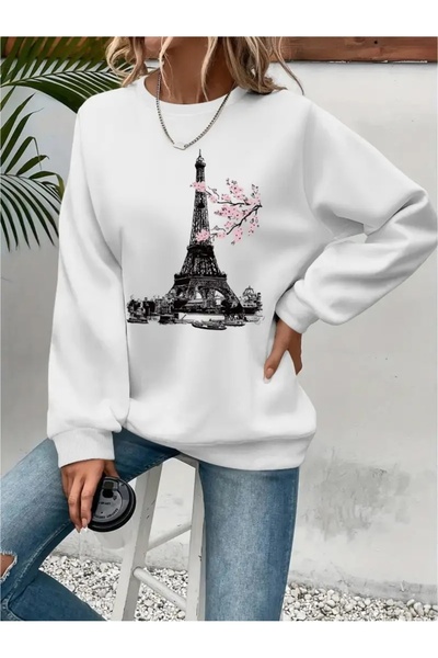 YUNAYT Sweatshirt oversize cu gât crew, imprimat, cu trei fire, cu textură ch...