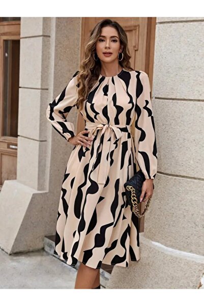 JANES Dámské midi šaty s dlouhým rukávem a výstřihem do V se vzorem a páskem v pase