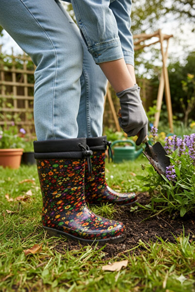 belixspor Plush Women's Rain Boots with Conch Detail 36-40 Yellow Floral