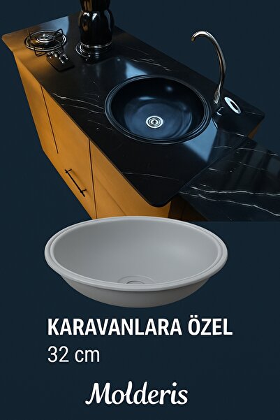 MOLDERİS Siyah Renk Yuvarlak Eviye 32 cm ABS Plastik Eviye – Karavan, Tekne, ...