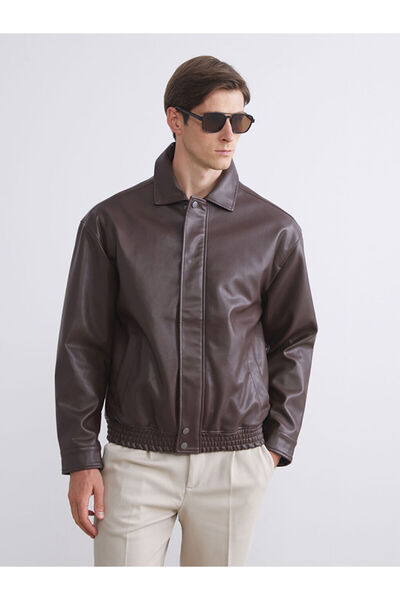 LC Waikiki Kahverengi Gömlek Yaka Suni Deri Erkek Mont