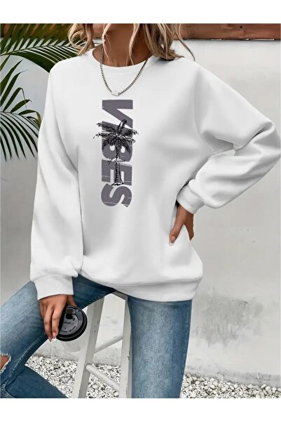 SVART WEAR Sweatshirt oversize cu gât crew, imprimat, cu trei fire, cu textur...