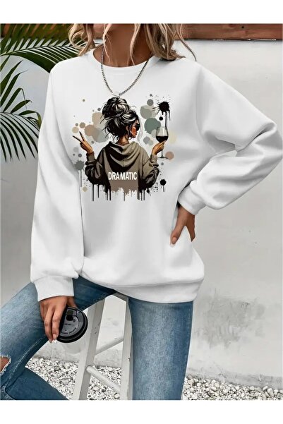 SVART WEAR Sweatshirt oversize cu gât crew, imprimat, cu trei fire, cu textur...