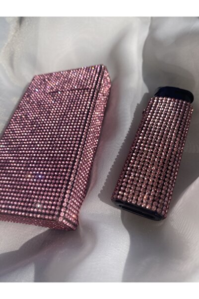 Zey Desing Pudra Pembe SLIM UZUN Taşlı Sigara Kutusu ve Çakmak Seti