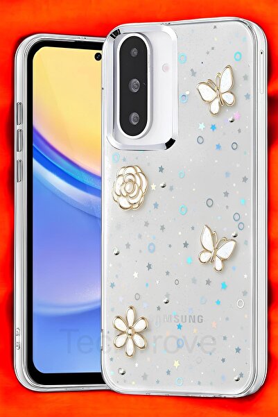 TechTrove Samsung Galaxy A17 Kılıf Parlak Çıkartma Tasarımlı Simli Şeffaf Sar...
