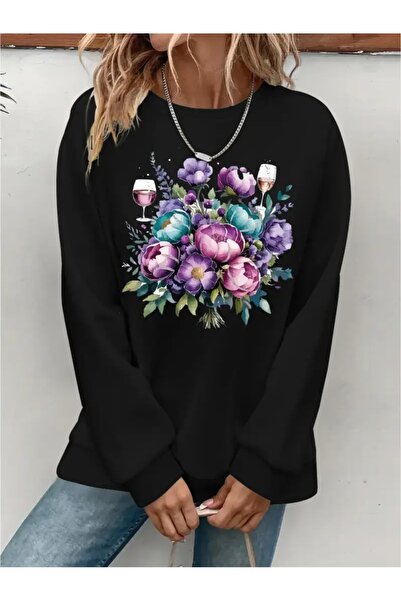 SVART WEAR Sweatshirt oversize cu gât crew, imprimat, cu trei fire, cu textur...