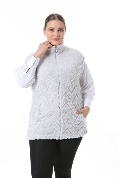 xlargebutik Plus Size Clothing Gray Stand-Up Collar Vest Warm Soft Plush Fleece