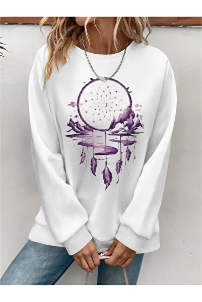 YUNAYT Sweatshirt oversize cu gât crew, imprimat, cu trei fire, cu textură ch...