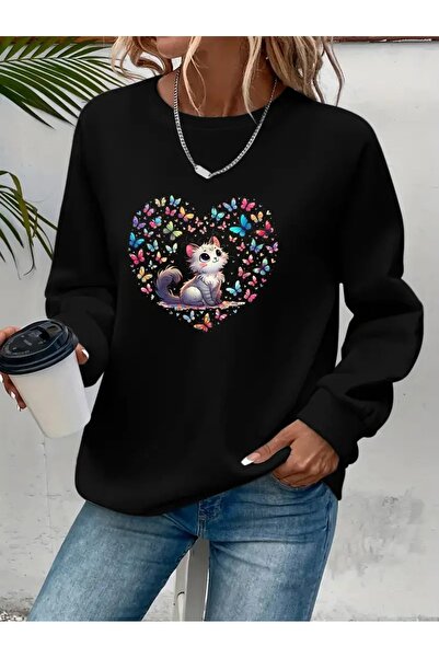 SVART WEAR Sweatshirt oversize cu gât crew, imprimat, cu trei fire, cu textur...