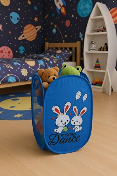 TARIK HOME Coș pliabil pentru jucării / Coș pentru rufe - Organizator pentru cameră pentru copii cu model de iepure, albastru