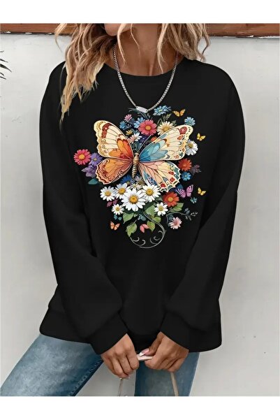 SVART WEAR Sweatshirt oversize cu gât crew, imprimat, cu trei fire, cu textur...