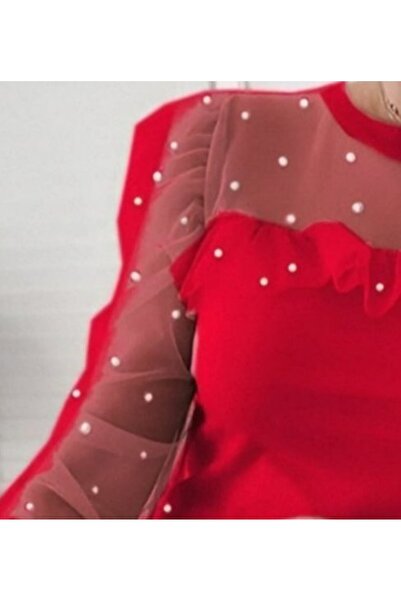 JANES Woman's long sleeve pearl detailed tulle viscose blouse