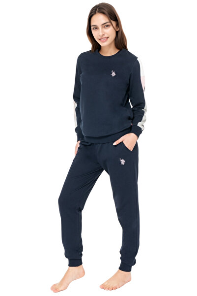 U.S. Polo Assn. Women's Navy Blue Long Sleeve Pajama Set – Color Block Cotton Comfortable Home & Sleep Set