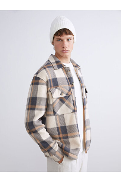 LC Waikiki Μπεζ Άνετο Μακρυμάνικο Καρό Ανδρικό Πουκάμισο Μπουφάν