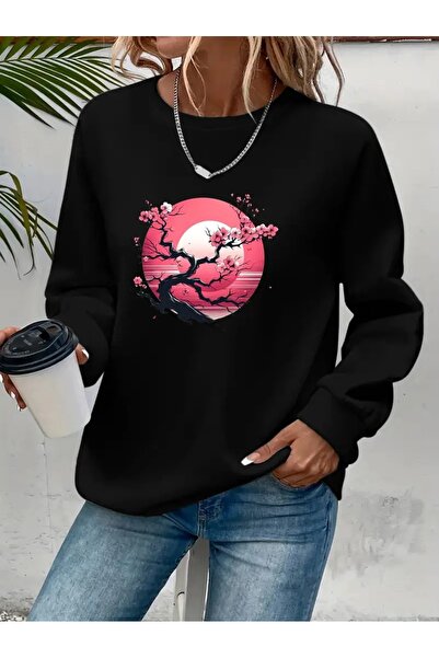 SVART WEAR Sweatshirt oversize cu gât crew, imprimat, cu trei fire, cu textur...