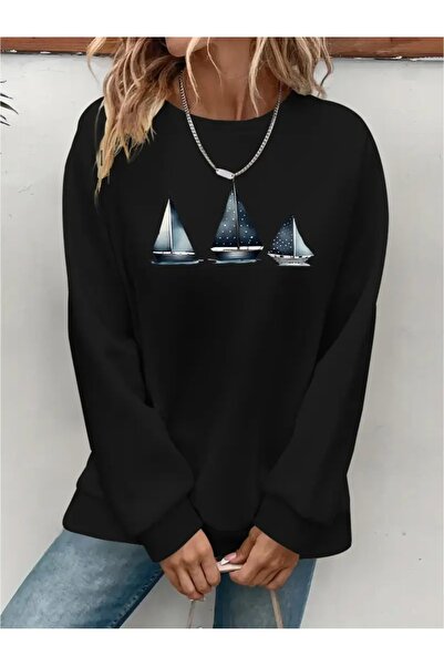 SVART WEAR Sweatshirt oversize cu gât crew, imprimat, cu trei fire, cu textur...