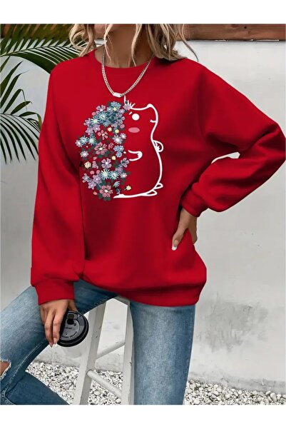 SVART WEAR Sweatshirt oversize cu gât crew, imprimat, cu trei fire, cu textur...