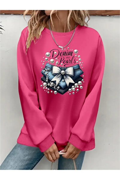 SVART WEAR Sweatshirt oversize cu gât crew, imprimat, cu trei fire, cu textur...