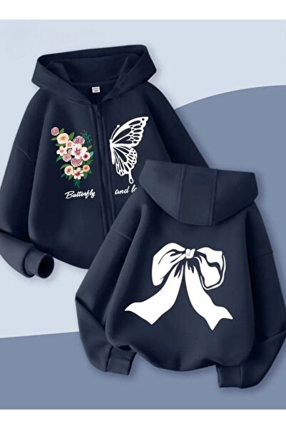 Baxia KıZ Çocuk BUTTERFLY BaskıLI Kapşonlu Hırka Sweatshirt FERMUARLI LACİVERT RENK