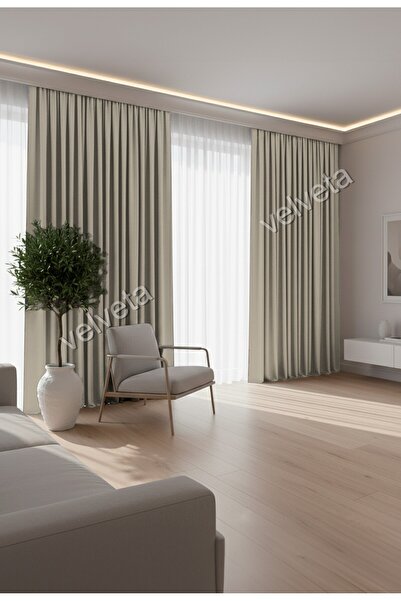 Velveta Modern Series Düz Pile Kadife Dokulu Fon Perde Bej