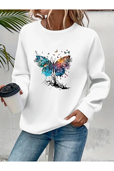 SVART WEAR Sweatshirt oversize cu gât crew, imprimat, cu trei fire, cu textur...