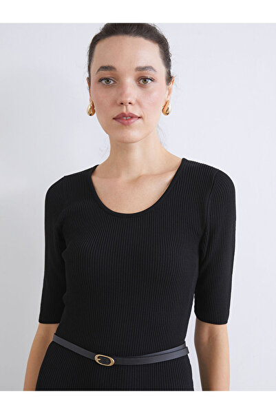 LC Waikiki Black U-Neck Ribbed Belted Dress